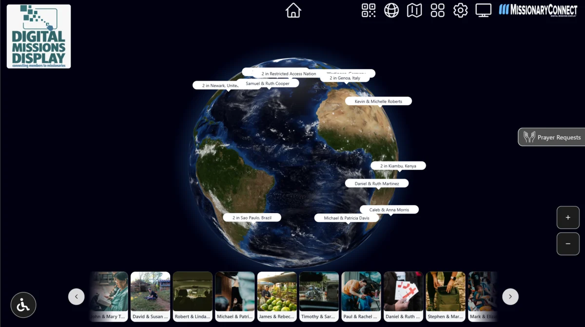MissionaryConnect demo globe view for an in-church display