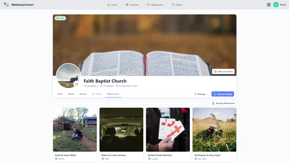 MissionaryConnect demo application showing a church profile and missionary information