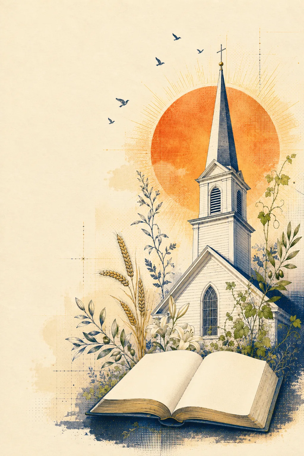 A white country church with a steeple before a warm sunrise, an open Bible resting below, framed by wheat, lilies and olive branches.